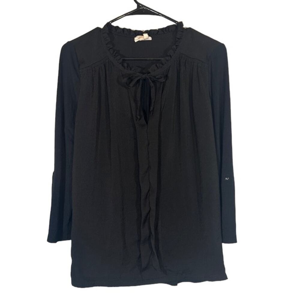 Meadow Rue Black Ruffle Tie Neck Blouse Women Layered Long Sleeve Top Sz S
